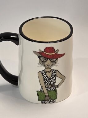 Signature White Ceramic Mug with Black Trim and Red Hat